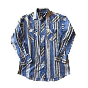 Vtg Wrangler XL X-Long Tails Blue White Gray Vertical Striped Thin Pearl Snap
